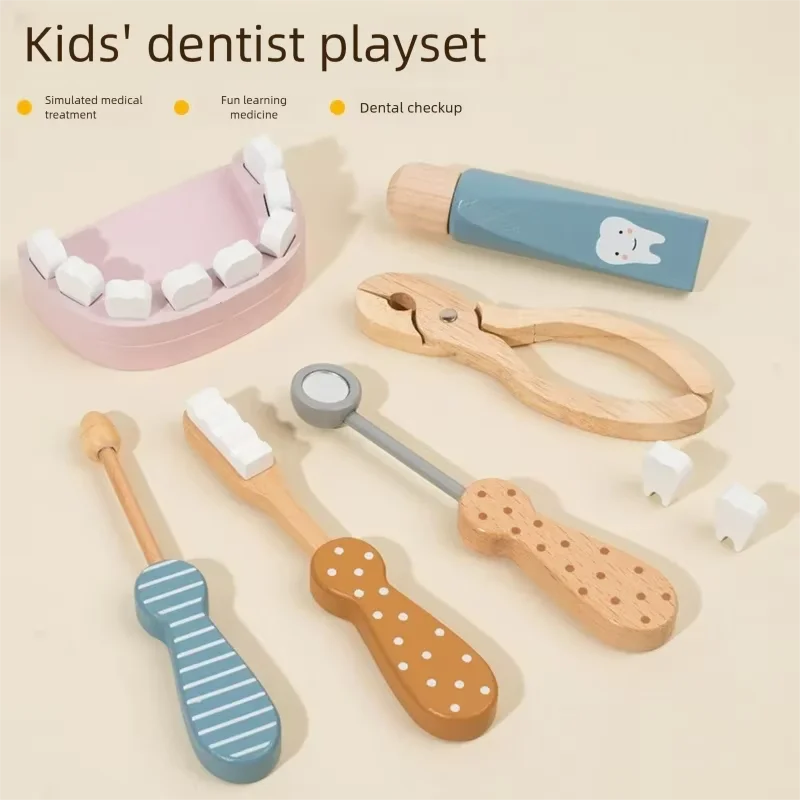 Kids Wooden Pretend Play Doctor Educational Toy Role Playing Games Simulation Dentist Check Brush Teeth Medicine Set Gifts