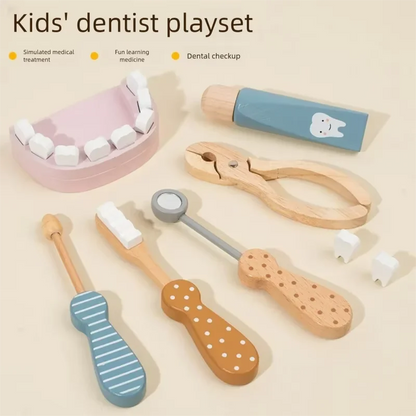 Kids Wooden Pretend Play Doctor Educational Toy Role Playing Games Simulation Dentist Check Brush Teeth Medicine Set Gifts
