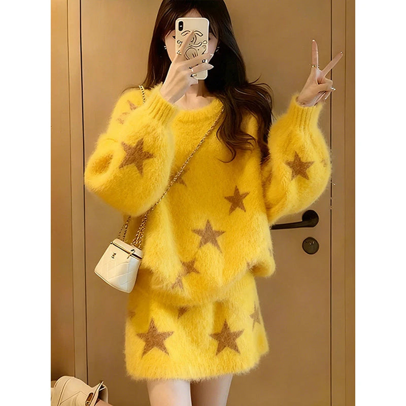 Fashionable Yellow Print Sweater High Waist Skirt Two Piece Set Slimming Effect Comfortable Fit Casual Winter Wear for Women