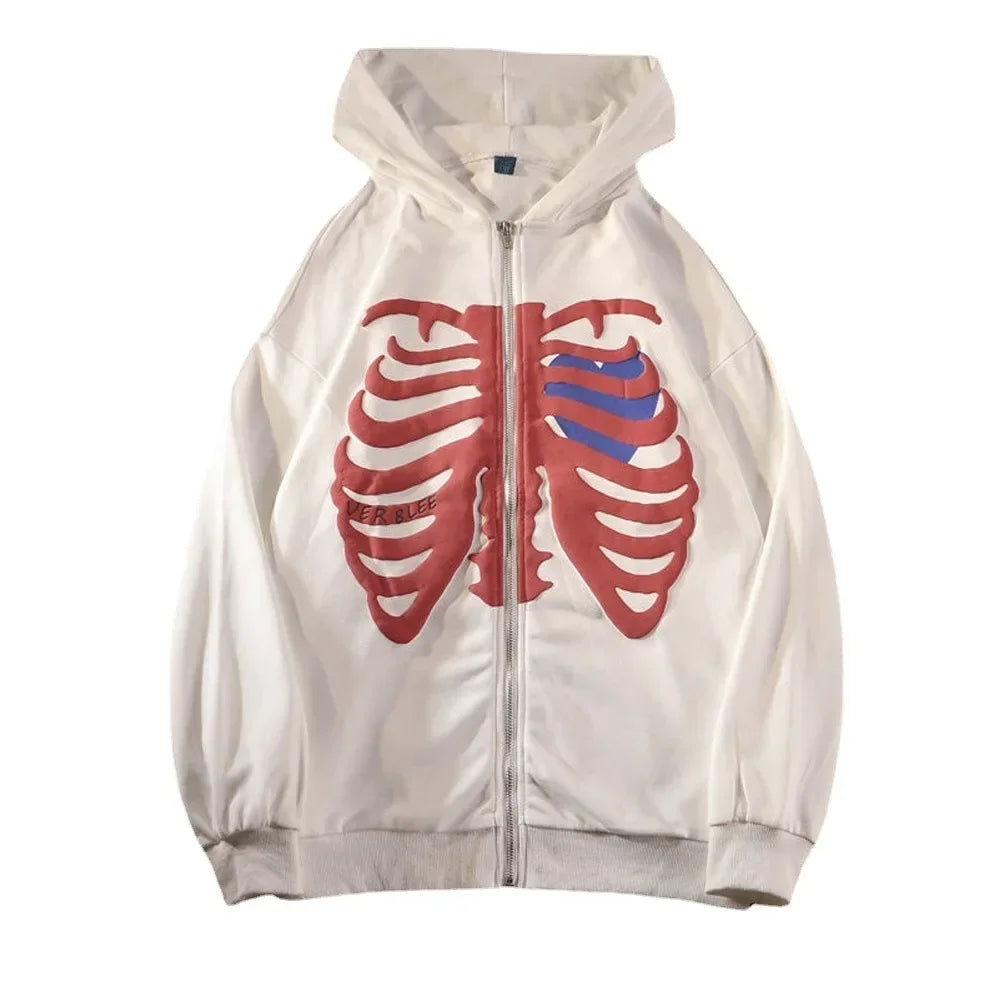 Y2K Gothic Butterfly Print Zip Up Women Hoodies 2025 Winter Grunge Skeleton Sweatshirt Casual Hooded Jacket Streetwear Hoodie