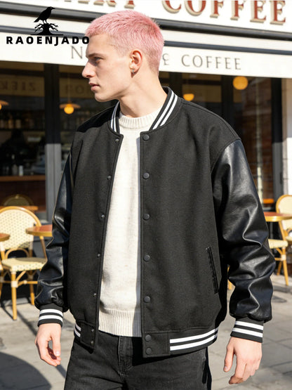 Men's Classic Varsity Jacket with Faux Leather Sleeves Letterman Style Baseball Coat Color-Block Lightweight Men's