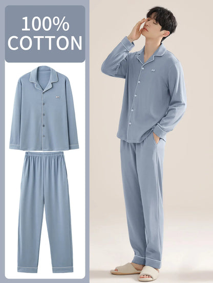 Men's 100% cotton long sleeved four season plus size men's sleepwear, teenage pure cotton home suit set for warmth
