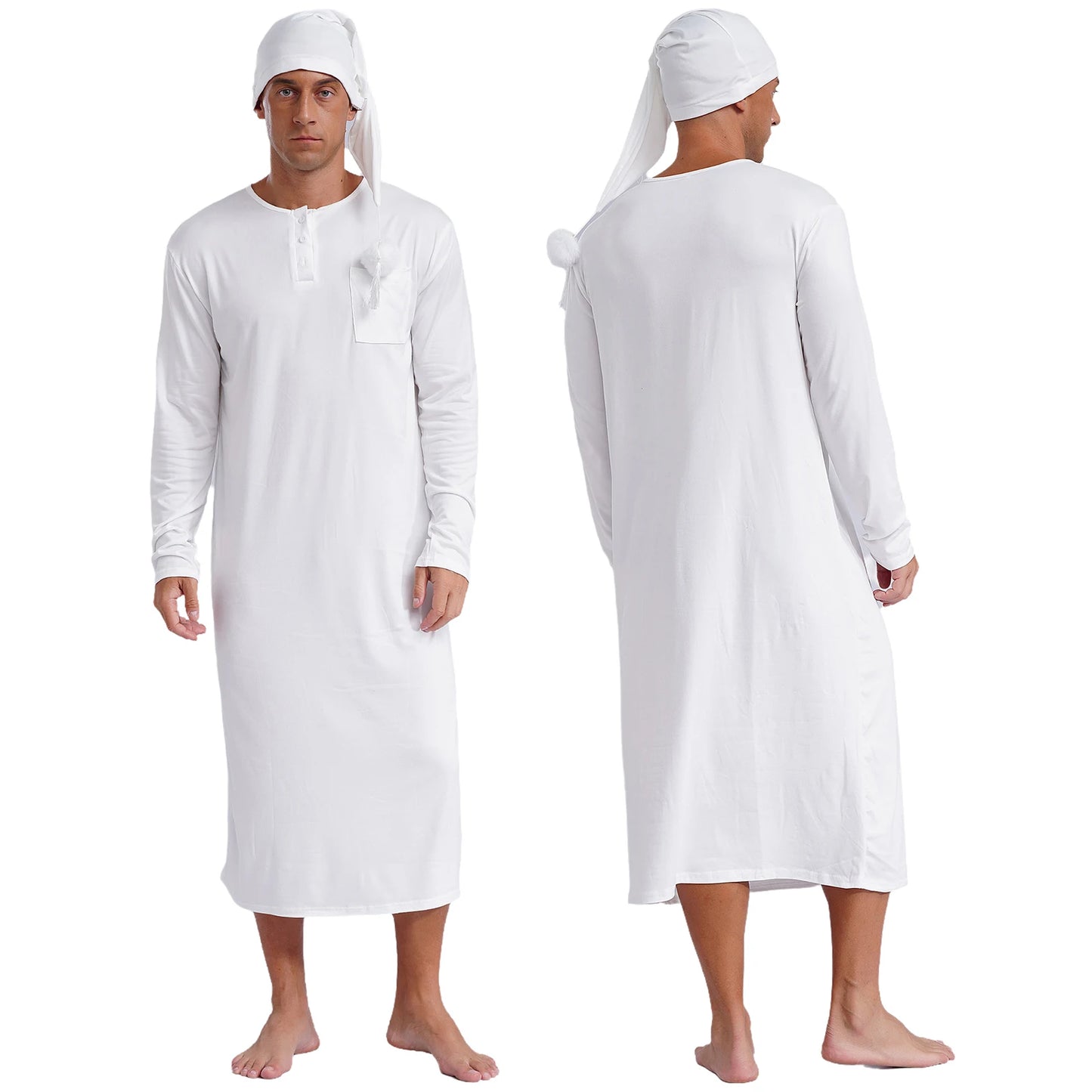 Mens Solid Color Long Sleeve Sleep Robe with Night Cap Round Neck Big & Tall Nightshirts Home Loungewear Pajamas Sleepwear