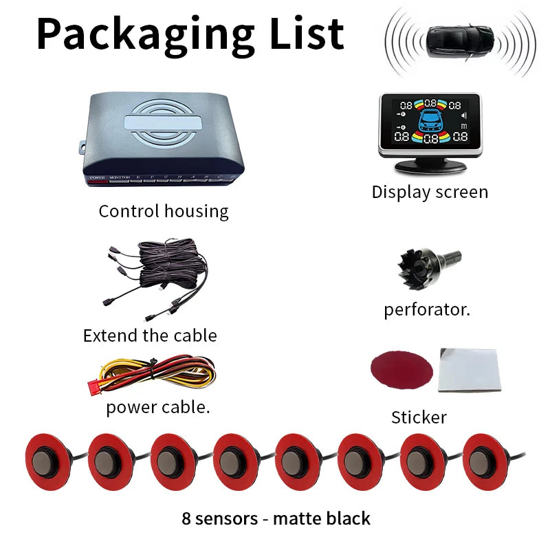 16.5mm 8 Parking Sensor LCD Display Voice Prompt Multi-Language 0.3-2.5M Detect Waterproof Car Reversing Radar
