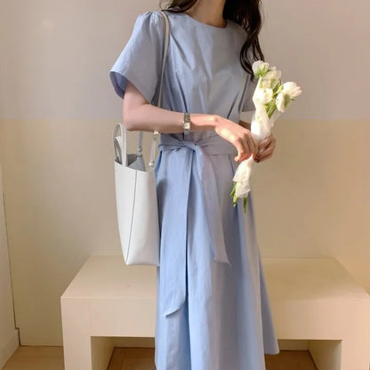 Elegant Pure Color Slim Fit Dress with Belt High Waist Spring Summer Autumn Short Sleeve Casual High Waist Skirt