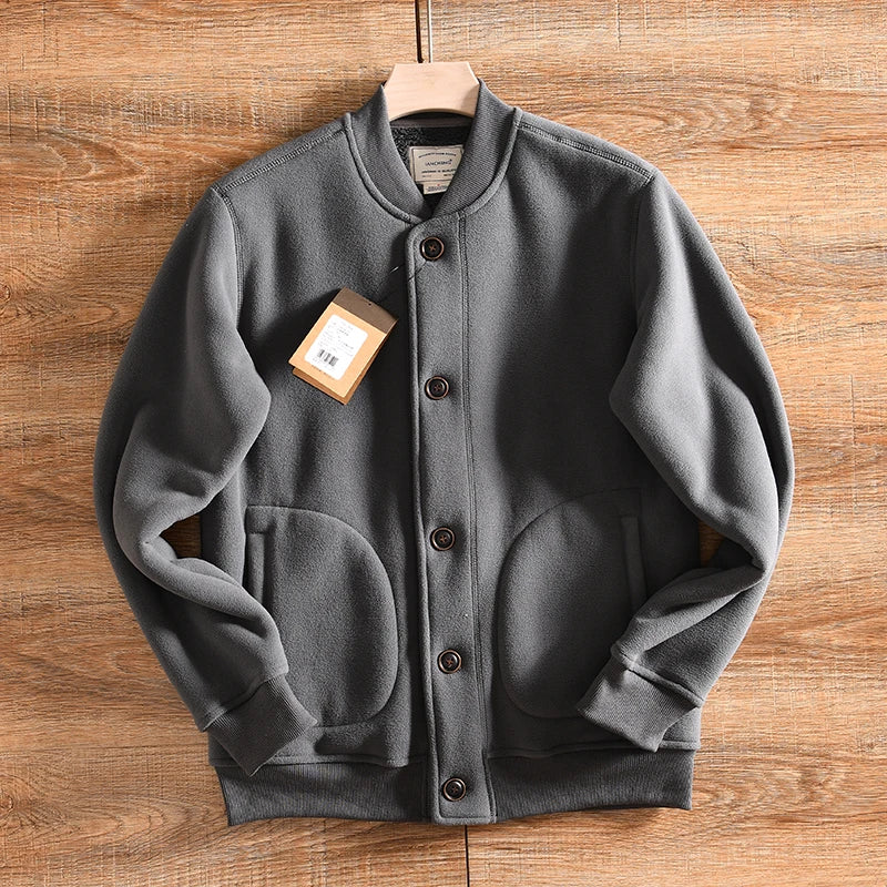 Warm Fleece Lined Double Sided Velvet Winter Jacket American Casual Baseball Collar Men's Outerwear Standard Fit Polyester Fiber