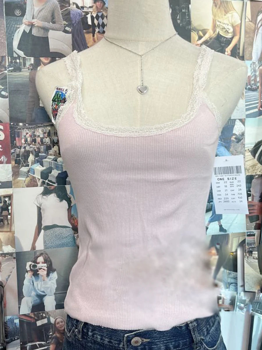 Vintage Lace Trim Blue Ribbed Camis Women New Casual Streetwear Slim Sexy Cotton Sleeveless Vests Sweet Cute Chic Tank Tops Y2K