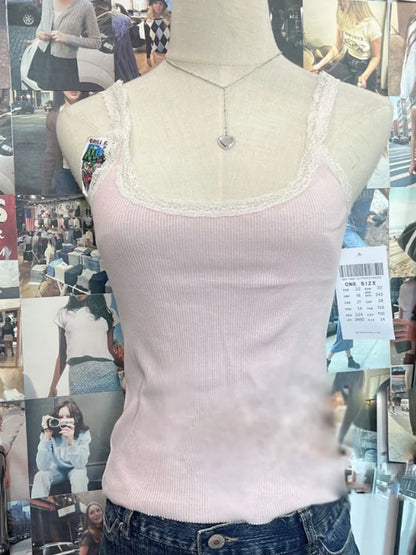 Vintage Lace Trim Blue Ribbed Camis Women New Casual Streetwear Slim Sexy Cotton Sleeveless Vests Sweet Cute Chic Tank Tops Y2K