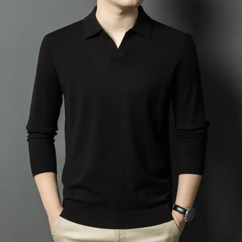 Men's Autumn & Winter Blouse Collar Knitted Pullover, Business Casual Slim-Fitting Wool Textile Sweater, Gentleman Polo Shirt
