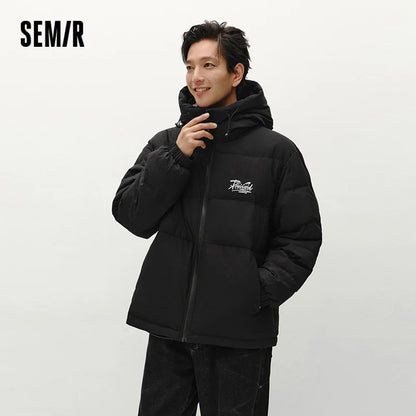 Semir Down Jacket Men Winter 80% Down Fill Loose Hooded Outerwear Textured Street Trendy Letter Printed Top Men'S Clothing