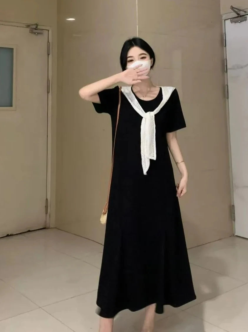 Naval Collar Lace Trim Slimming Long Dress French Style Loose Fit Mommy's Summer Dress mid Waist Design Casual  Knot