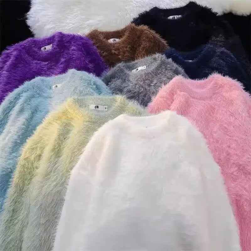 Winter Fur-like Soft Pure Color Sweater with High-end Feel, Long Sleeve, Round Neck, Knitwear, and Knitted Garment for Men and W