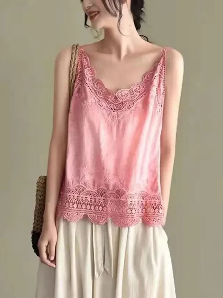 Summer New Retro Bohemian Embroidery Lace V-neck Age Reduction Cotton Camisole Female Sweet Blouse Women KK520