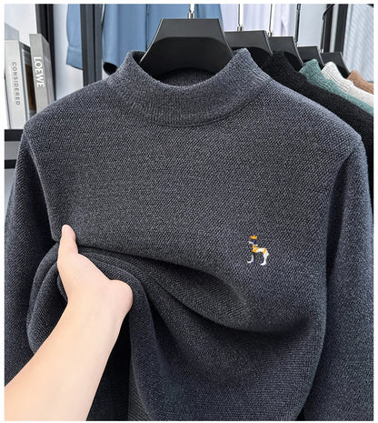 High End Embroidered Snow Carved Velvet Semi High Neck with Thick Velvet Men's Sweater Winter Semi High Neck Base Sweater