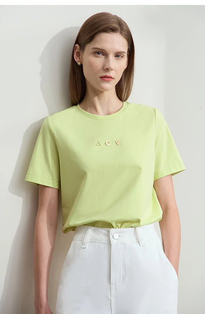 Amii Minimalist T-shirt Women's Tops O-neck Short Sleeves Geometric Decoration Antibacterial Cotton Elastic Casual Tees 12521088