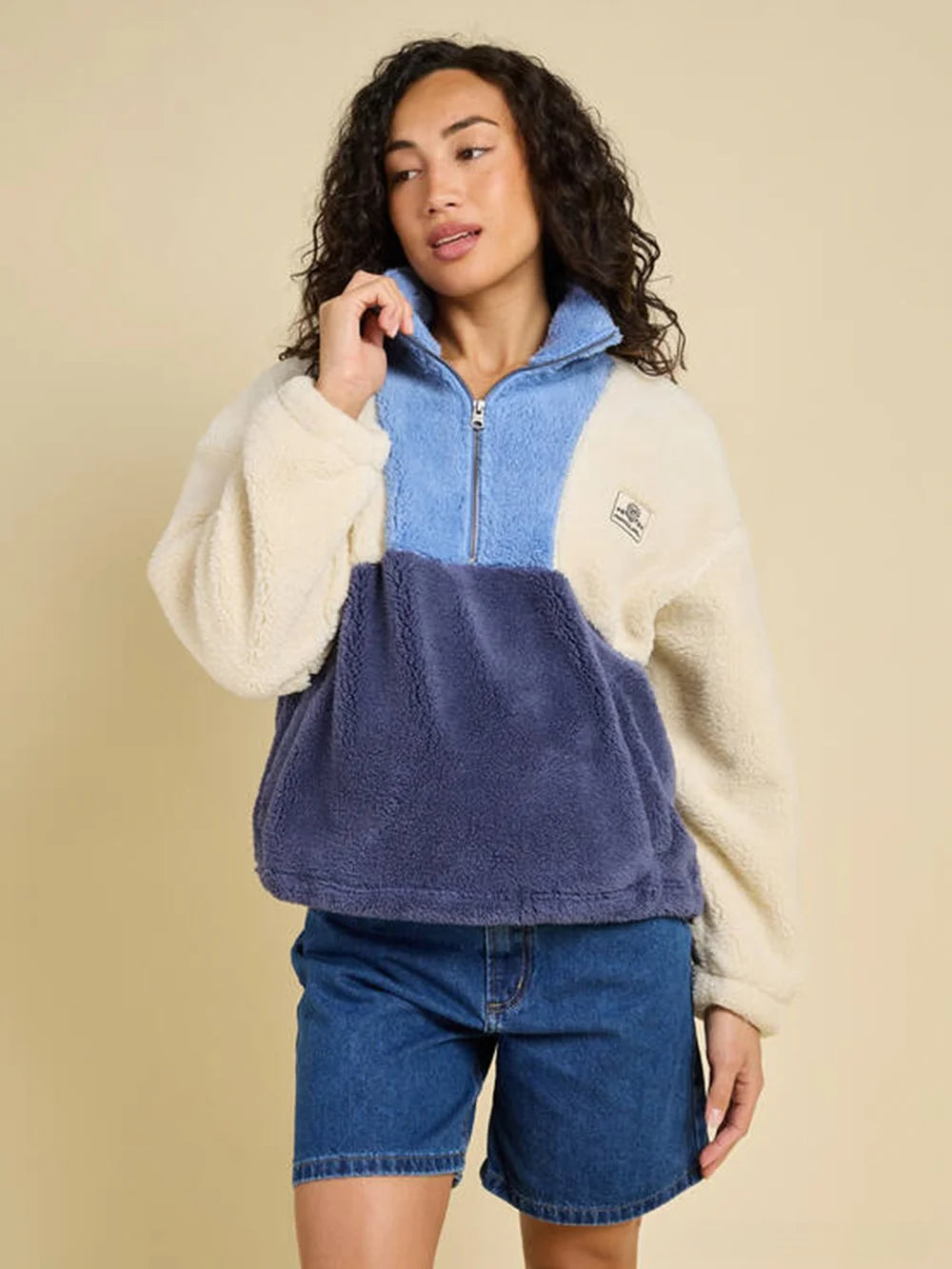 Australian Single Surfing Wind Women's Fleece Sweatshirt Coat Half Zipper Warm Fluffy Hoodie Jacket Color Block Casual Style