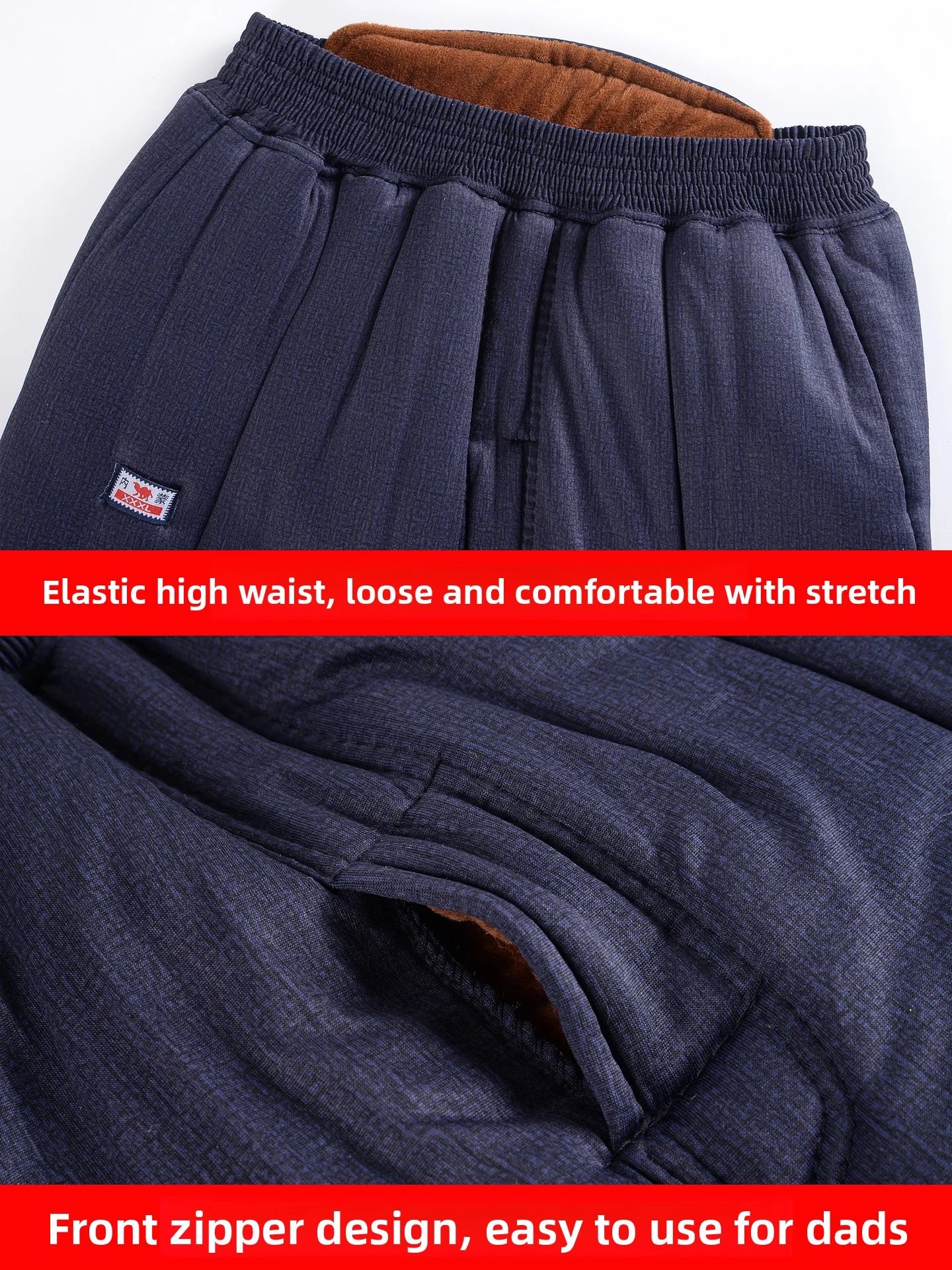 Thickened Cotton Pants for Middle-Aged And Elderly Men Winter Warm High-Waist Fleece-Lined Dad Pants Cold-Resistant Camel Cot...