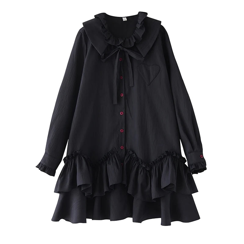 Loose Dark Design Double Layered Doll Collar Ruffle  Patchwork Dress Women's plus Size Cotton Blend Long Sleeve Midi Dress