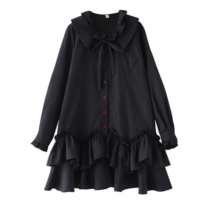 Loose Dark Design Double Layered Doll Collar Ruffle  Patchwork Dress Women's plus Size Cotton Blend Long Sleeve Midi Dress