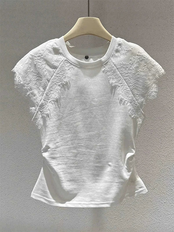 Retro Black Lace Mesh Short Sleeve Top Women Summer Fly Sleeve Short T-Shirt Outlet Store Printed Slim Fit Cotton Polyester