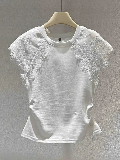 Retro Black Lace Mesh Short Sleeve Top Women Summer Fly Sleeve Short T-Shirt Outlet Store Printed Slim Fit Cotton Polyester