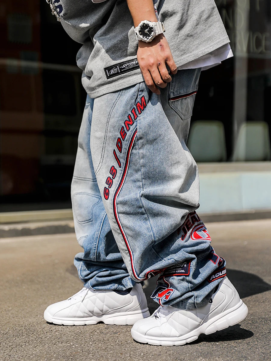ACUSA Jeans Stacked Embroidered Washed Denim Jeans 633 Version Letter Stitching 3D Patchwork Men's Loose Straight Leg Jeans