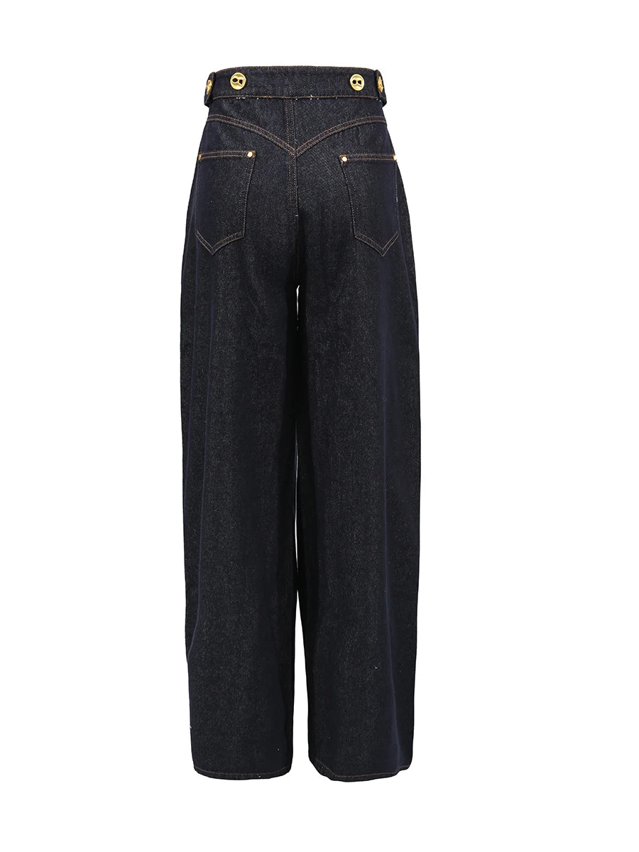 VGH Solid Spliced Button Loose Denim Two Piece Sets For Women Lapel Long Sleeve Top High Waist Pants Chic Set Female Fashion