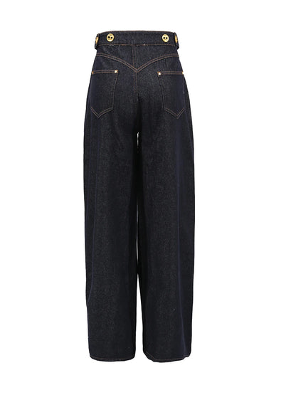 VGH Solid Spliced Button Loose Denim Two Piece Sets For Women Lapel Long Sleeve Top High Waist Pants Chic Set Female Fashion