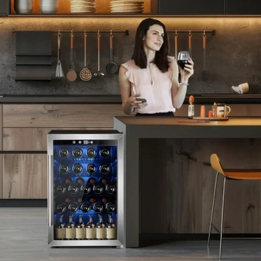 Wine Cooler 37 Bottle Freestanding Fridge with Stainless Steel Reversible Glass Door, 145 Can Beverage Refrigerator Quiet Compr