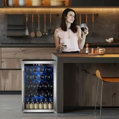 Wine Cooler 37 Bottle Freestanding Fridge with Stainless Steel Reversible Glass Door, 145 Can Beverage Refrigerator Quiet Compr