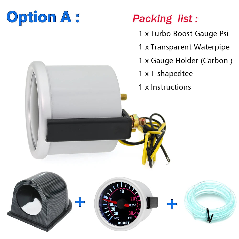 2 "52mm Turbo Boost Gauge 0~30PSI White LED Smoke Len -30in.Hg~0~30PSI Auto Turbo Boost Controller Kit Holder waterpipe