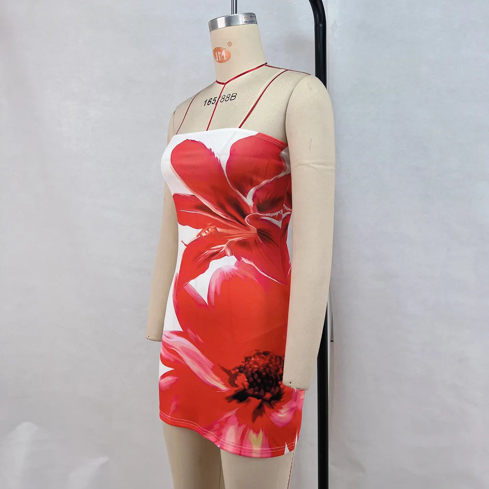 Women Strapless Floral Print Bodycon Mini Dress Summer Sexy Wrapped Hip Tube Top Short Dress for Party Beach Clubwear