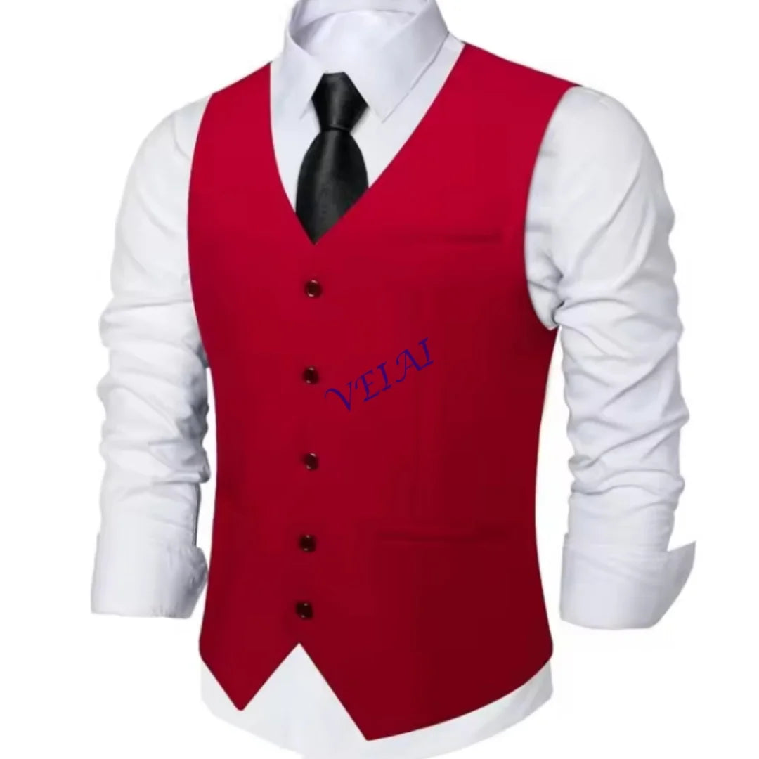 Customized Men's Slim Fit Suit Vest - Single Breasted Sleeveless V-Neck Formal Waistcoat w/ 2 Pockets | Wedding, Prom & Tuxedo A