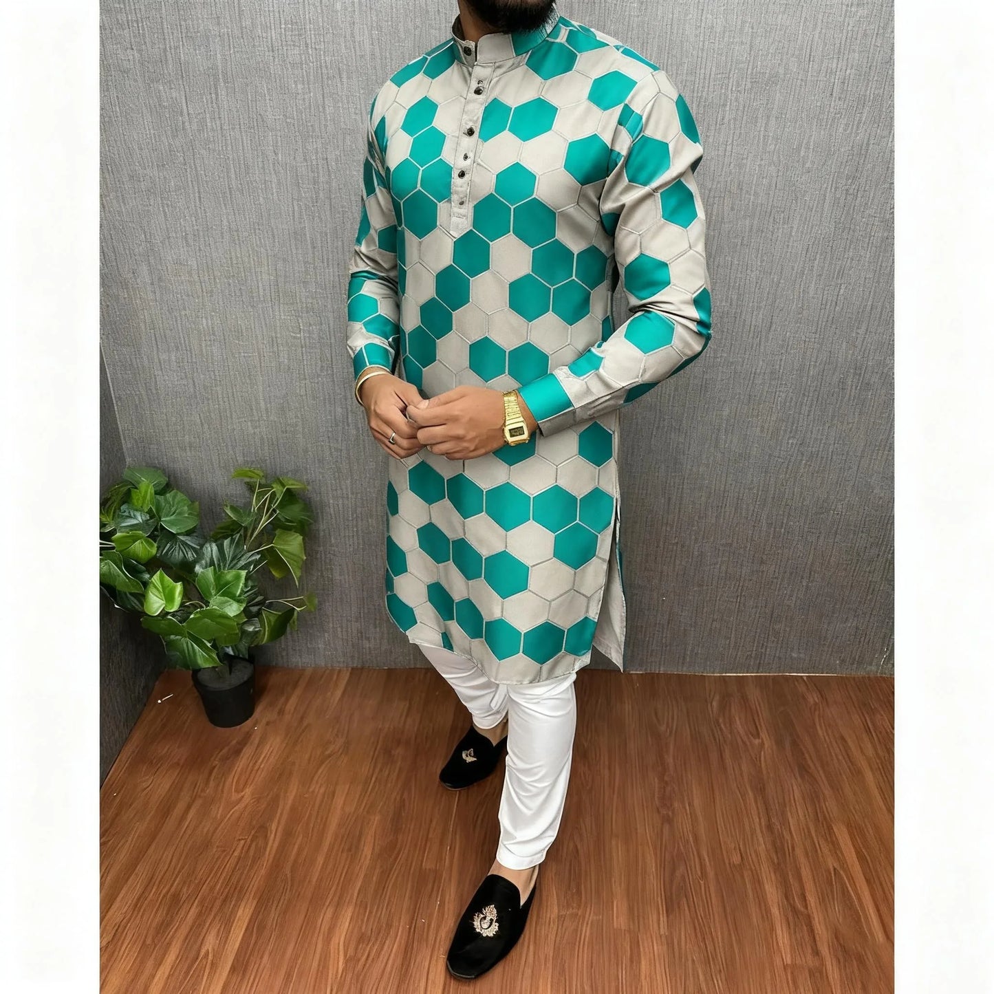 Men Islamic Arabic Abaya Robe Ethnic Print Stand Collar Youth Mid-length Shirt Luxury Coat Moslim Kleding Vestiti Musulmani Uomo