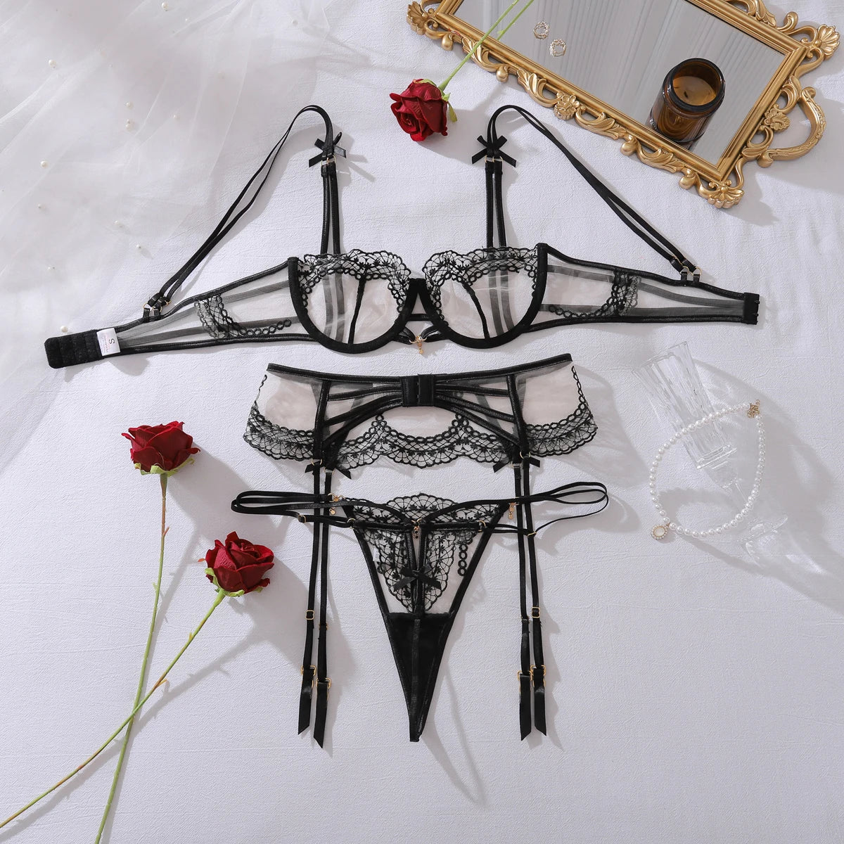 Ellolace Seductive Lingeries Sexy Hot Fantasy Bowknot Diamond Girl 3PCS Set Honey Premium Woman Underwear