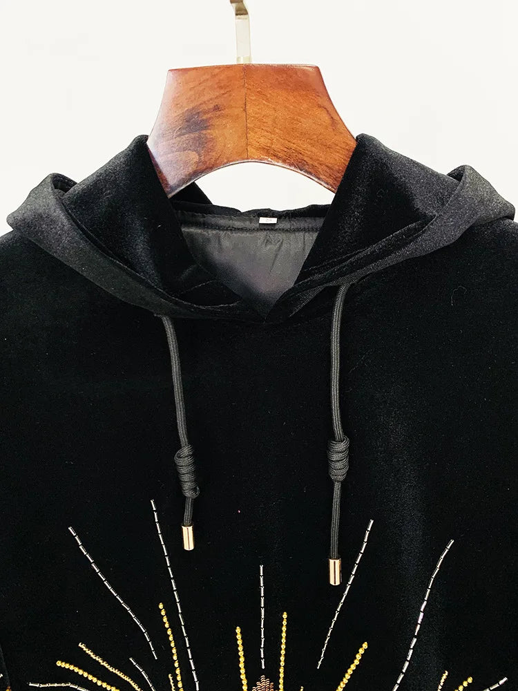 HIGH STREET Newest 2026  Designer Tops Women's Sequined Rhinestone Diamonds Beaded Velvet Loose Hooded Hoodie Sweatshirt