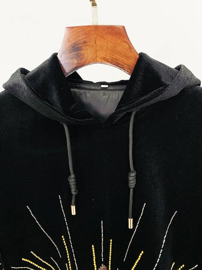 HIGH STREET Newest 2026  Designer Tops Women's Sequined Rhinestone Diamonds Beaded Velvet Loose Hooded Hoodie Sweatshirt