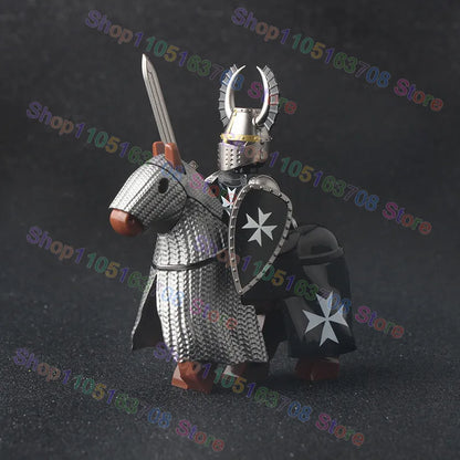 MOC Medieval Military Crusader Knight Building Blocks Castle Army Soldier Figure Horse Mount Shield Sword Accessories Bricks Toy