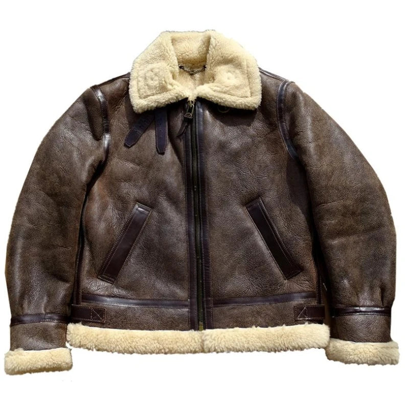 Turkish Authentic Sheepskin Leather Jacket Vintage Cracked Texture Winter Warmth And Style Ideal Choice