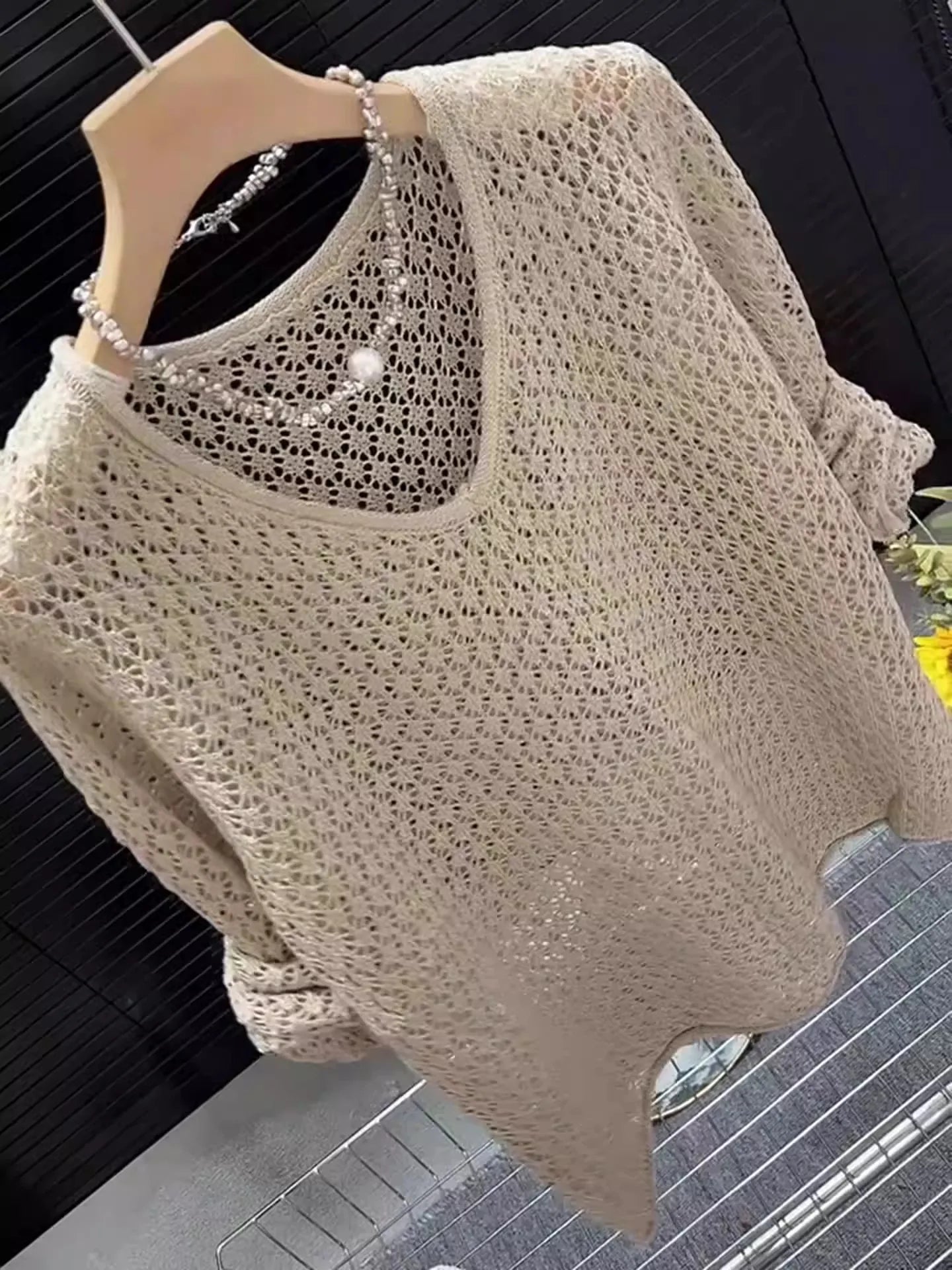 Korean Style Khaki Knitted Hollow out Long Sleeve Top Women's Spring Summer Thin Sun Protection Loose Fit round Neckline