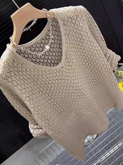 Korean Style Khaki Knitted Hollow out Long Sleeve Top Women's Spring Summer Thin Sun Protection Loose Fit round Neckline