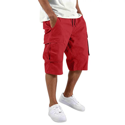Summer Men Loose Straight Pants Casual Multi-Pocket Shorts Pure Color Fashion Men Shorts Drawstring Daily Cargo Short Pants