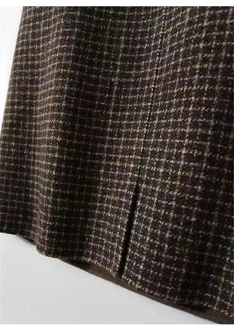 Retro Plaid Woolen Vest Dress Women's Autumn Winter Thickened Mid-Length Sleeveless H-Shape round Neck Backless Midi Dress