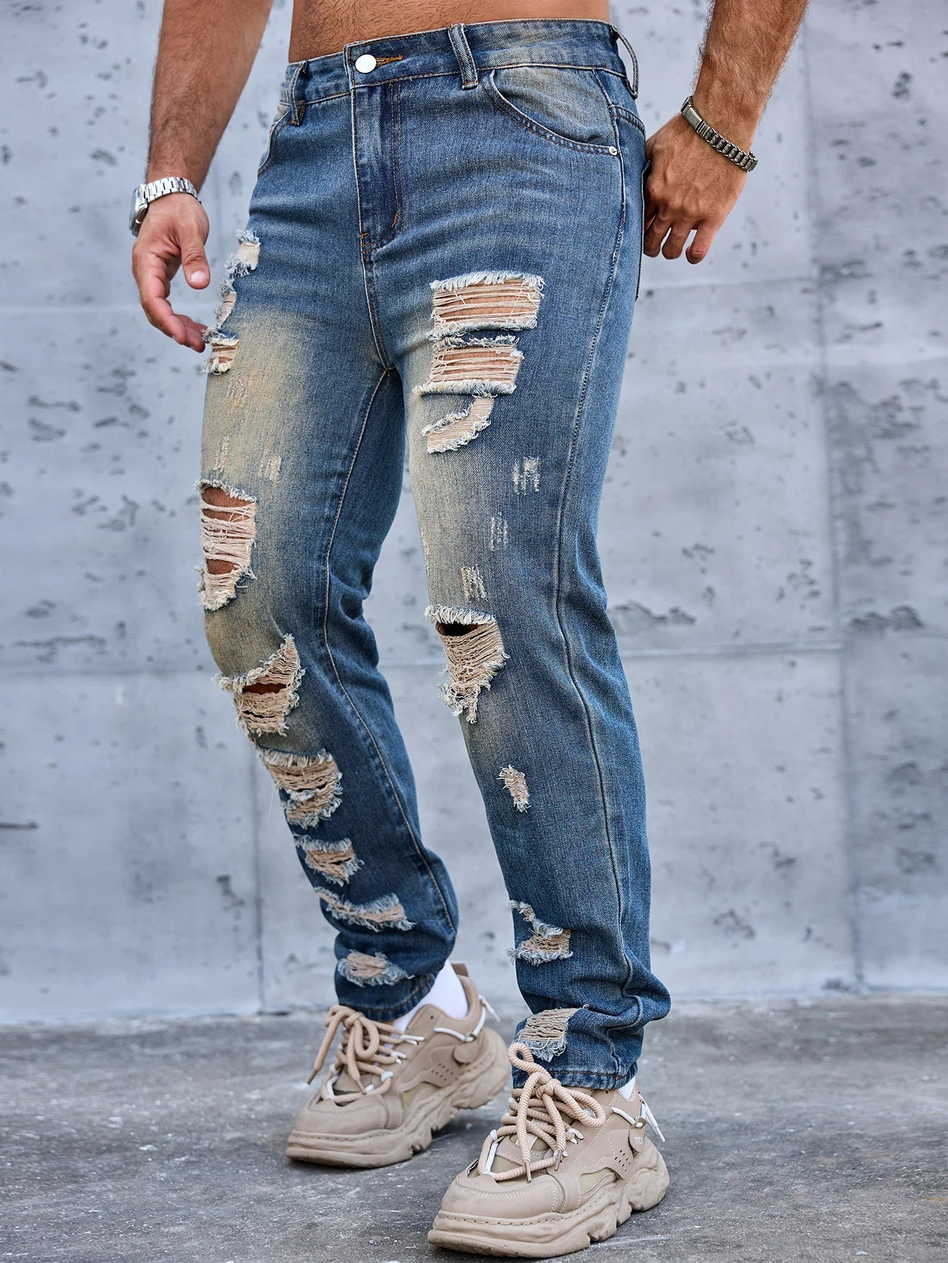 Men Denim Jeans Pants Clothing Trousers Men's Vintage Washed Ripped Straight Leg Denim Jeans