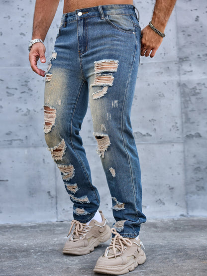Men Denim Jeans Pants Clothing Trousers Men's Vintage Washed Ripped Straight Leg Denim Jeans