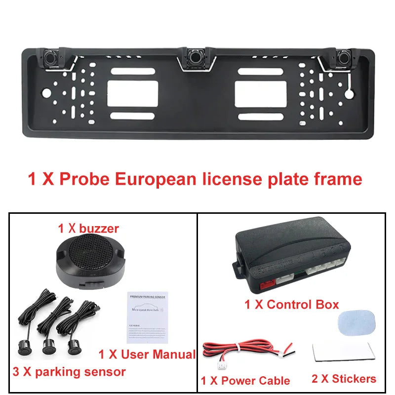 European License Plate Holder 3 Sensors Parking Radar Buzzer Alarm 12V Waterproof Auto Reversing Safety Accessory