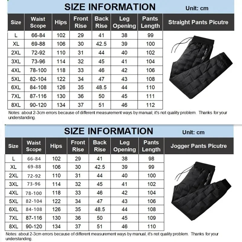Winter Down Pants Men Outdoor 8XL 7XL 6XL Plus Size Warm Thicken Waterproof White Duck Thermal Trousers Windproof Male Jogger
