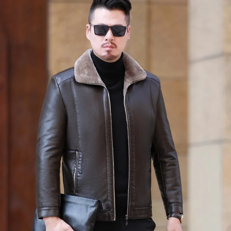 YX-225 Genuine Leather Jacket Men's Fur All-in-One Casual Thickening Plus Fleece Sheepskin Plus Fertilizer Plus Size Winter