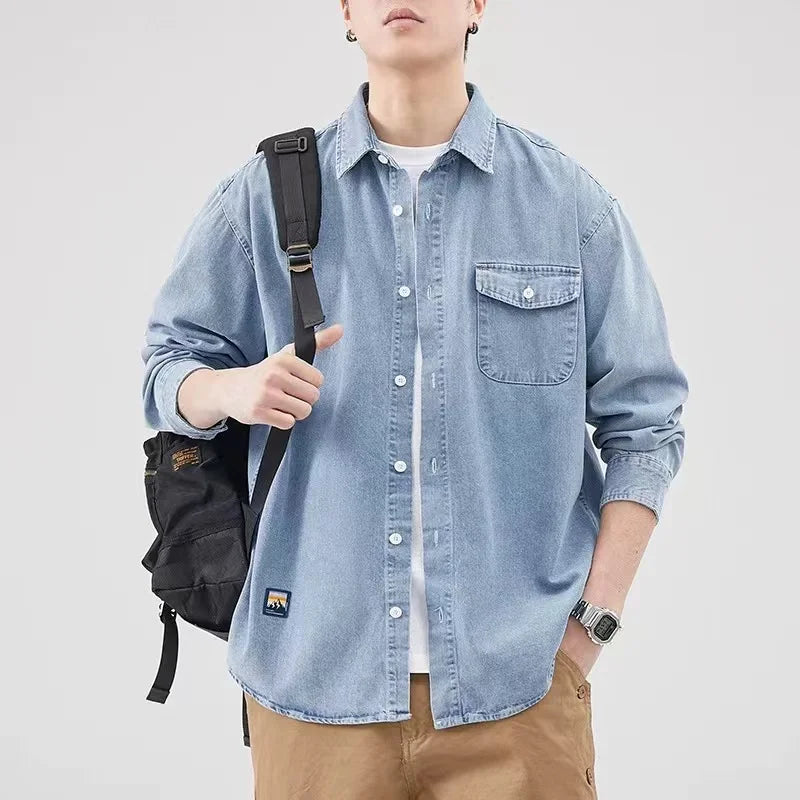 Heavy Industry Washed Denim Jacket Men's Spring and Autumn New Trendy Brand Handsome Tooling Jacket Loose Retro Denim Shirt