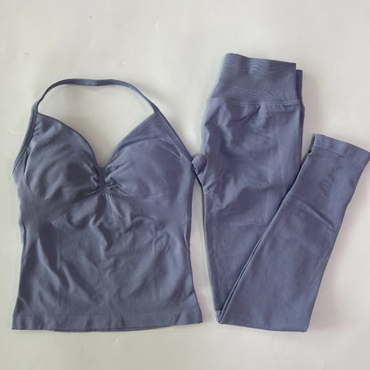 2 Pieces Sports Set Women Backless Tank Yoga Tops High Waist Scrunch Seamless Shorts Sport Gym Set Sportswear Workout Set